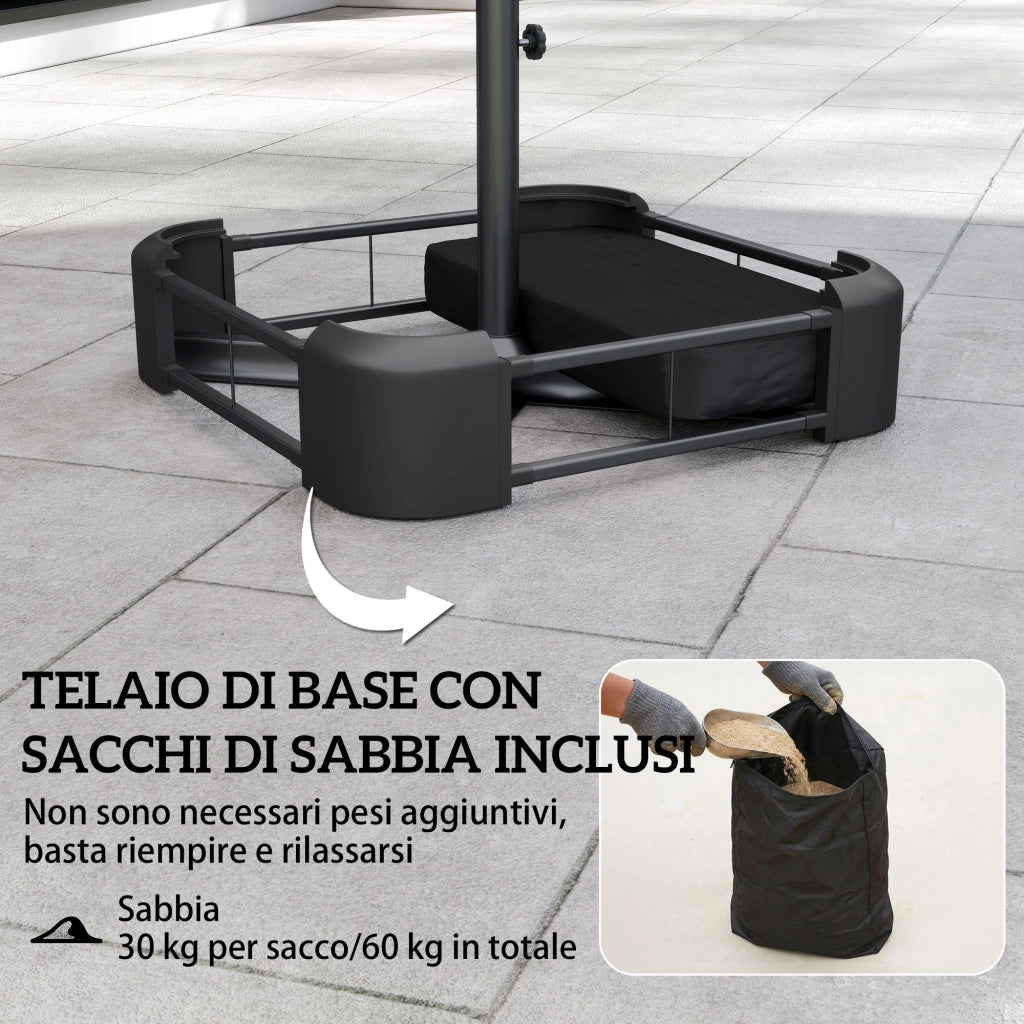 Ombrellone Doppio a 12 Stecche con Manovella, Base a Croce e Sacchi, in Metallo e Poliestere, 3x1.5 m, Grigio Scuro