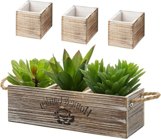 Cassa in forma di mattoni in legno | Retro cassa in forma di mattoni con 3 contenitori | Pezzo unico - 34 cm lungo | Casse in legno e inserti in plastica