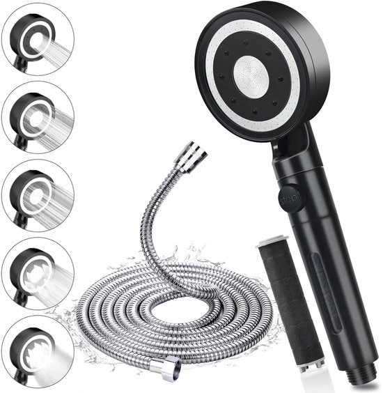 Douchekop con tubo 2M, douchekop idrofiltrante con funzione di risparmio d'acqua - douchekop nero con 5 tipi di getto - doccia ad alta pressione con funzione di arresto - rimozione cloro - per adulti bambini animali domestici