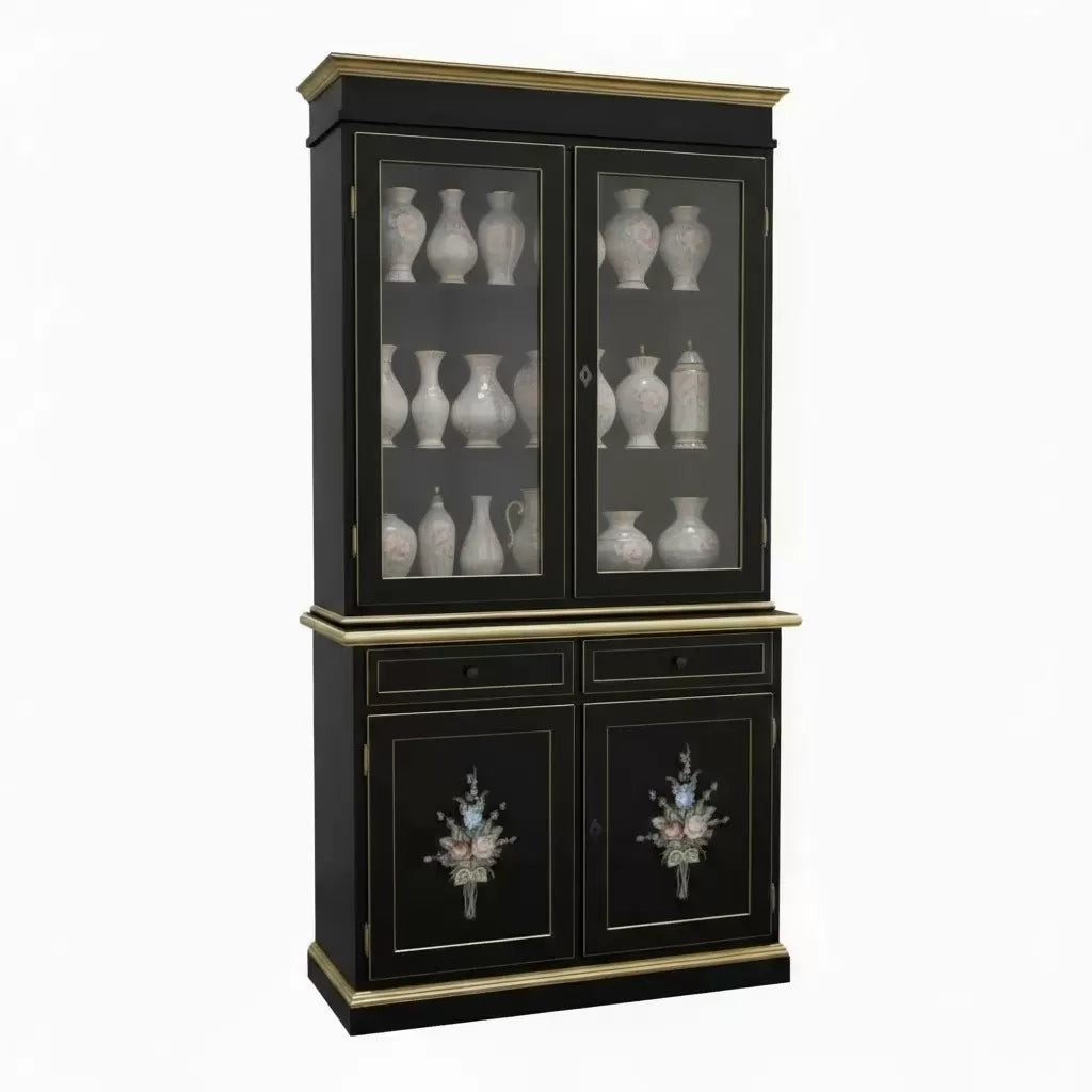 Cristalliera 2 porte shabby legno nero decorata filo oro 105x42x206 - Mobili 2G