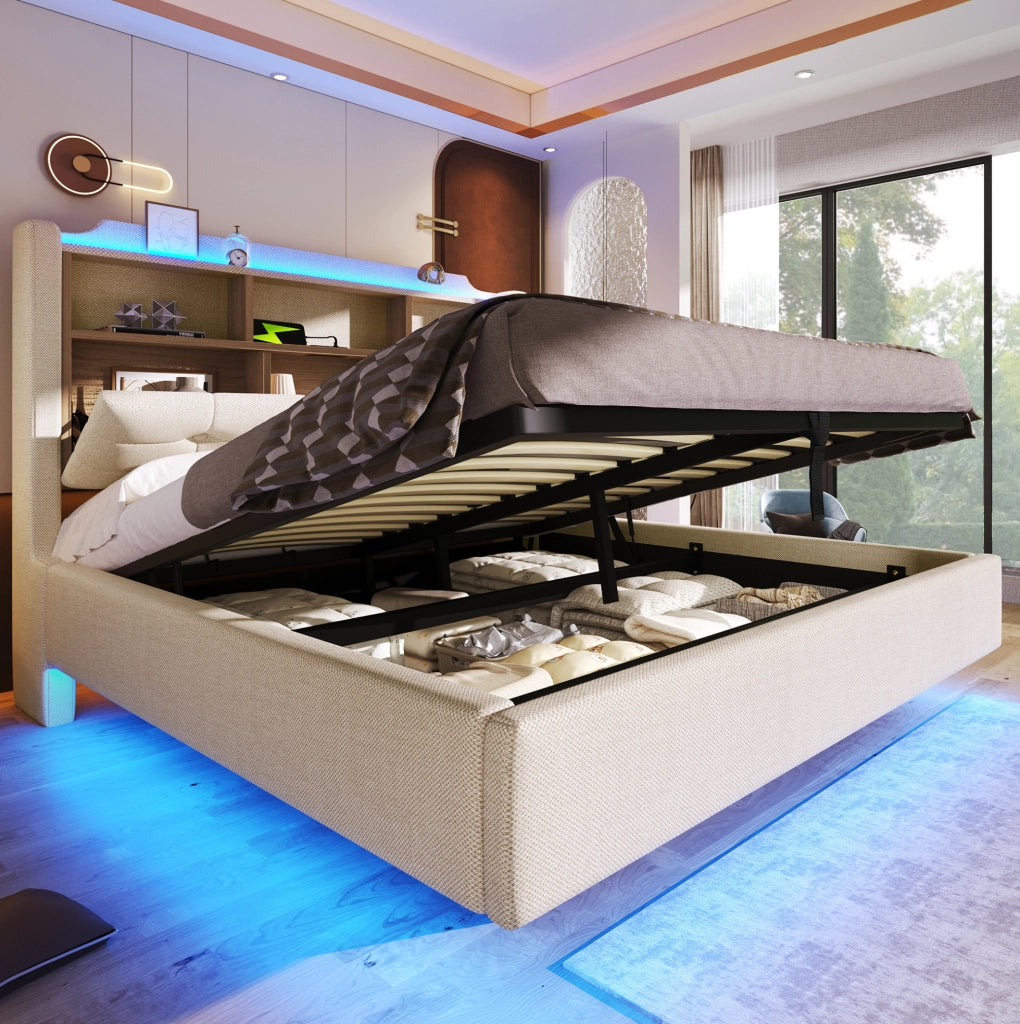 Letto imbottito 140x200 cm con contenitore idraulico; LED; USB e Type-C; beige in lino