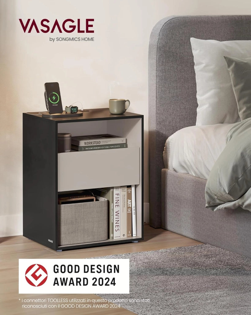 VASAGLE Comodino, Montaggio Rapido Senza Attrezzi Toolless, Tavolino con Stazione di Ricarica, Moderno, Cassetto, per Camera da Letto e Soggiorno, Nero Inchiostro e Beige Cappuccino LET777B04