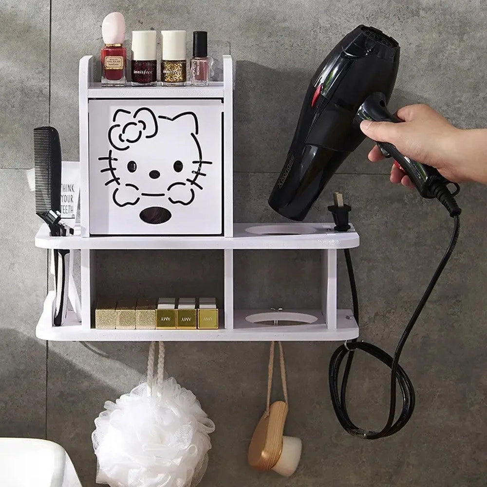 Trade Shop - Mobiletto A Parete Organizer Bagno Decoro Hello Kitty Con Scomparti Supporto Asciugacapelli -