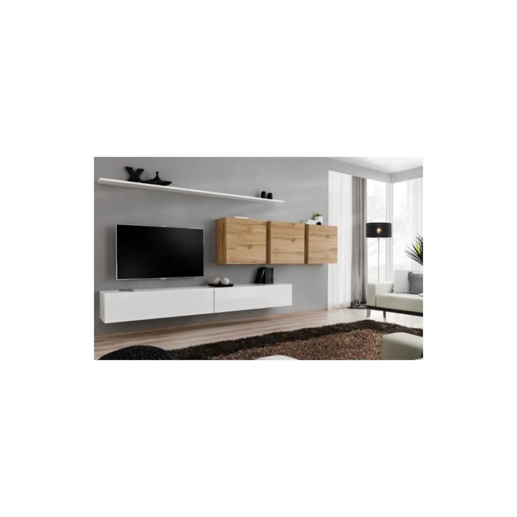 Set di mobili da salotto SWITCH VII design, colore bianco lucido e quercia Wotan.