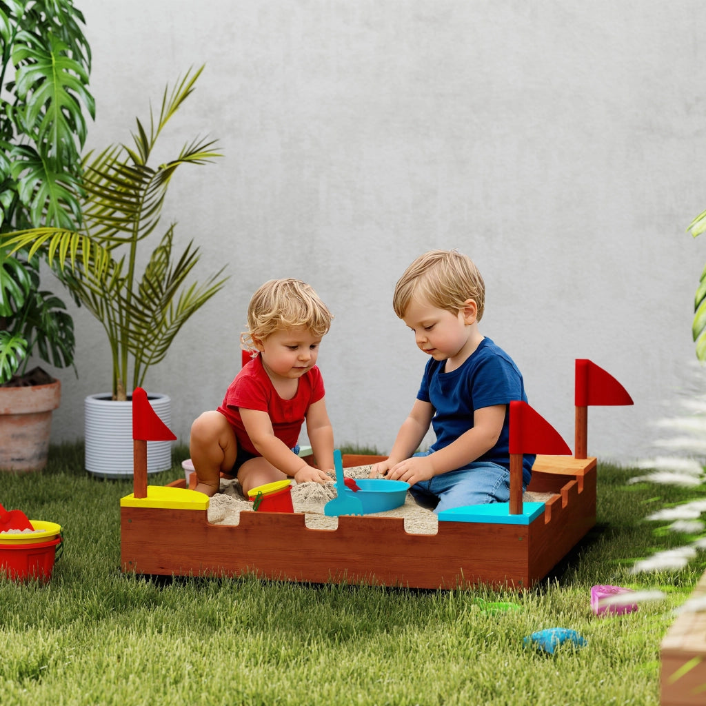 Sabbiera per Bambini 90x90x17 cm con 4 Sedute Angolari in Legno di Abete Multicolore