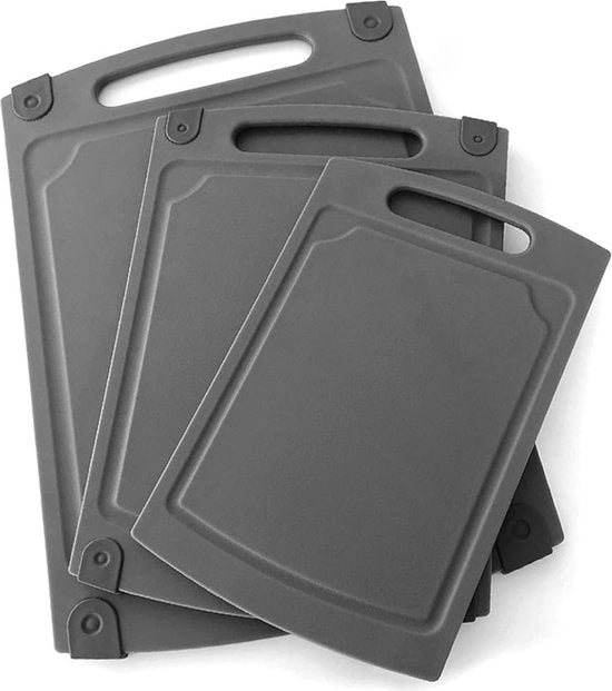 set di lame per taglio a tre pezzi con canale per succo; lame antibatteriche per trattamento igienico di alimenti, antiscivolo e lavabile in forno a microonde