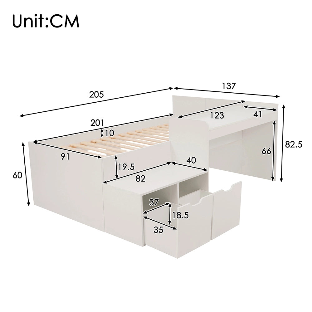 Letto singolo per bambini con scrivania e cassetti - Xylo - 90x200 cm - Bianco - Con rete a doghe