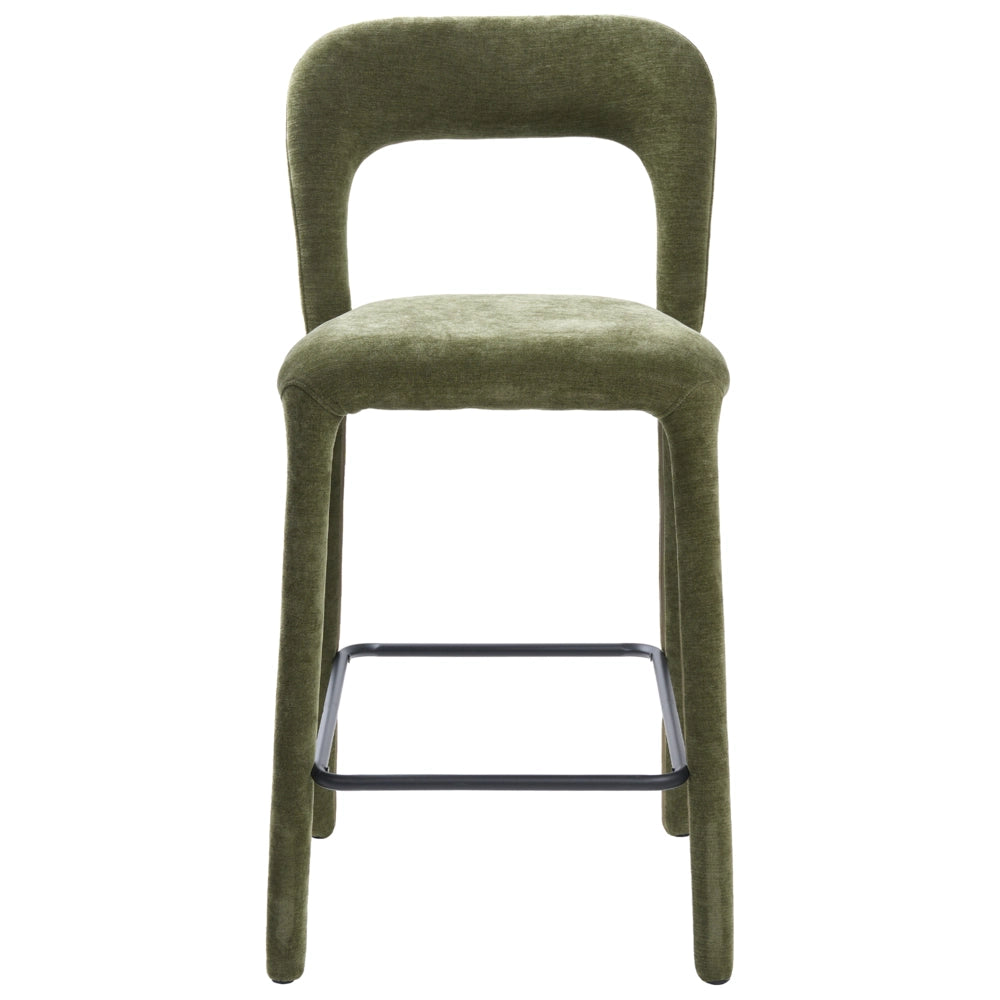 Set di 2 sgabelli da bar in ciniglia, colore verde, completamente imbottiti con schienale curvo, per sala da pranzo