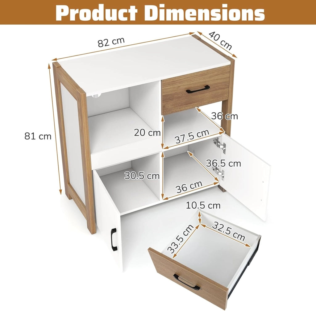Credenza Cucina con Ripiano Regolabile, Armadio Dispensa con Cassetto, Ripiani Aperti e Armadio con 2 Ante, Mobile Buffet per Sala da Pranzo, Soggiorno, 82 x 40 x 81 cm, Bianco