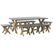 Set da pranzo per esterni grigio chiaro in fibra di legno cemento per 8 persone tavolo e sgabelli dal design moderno