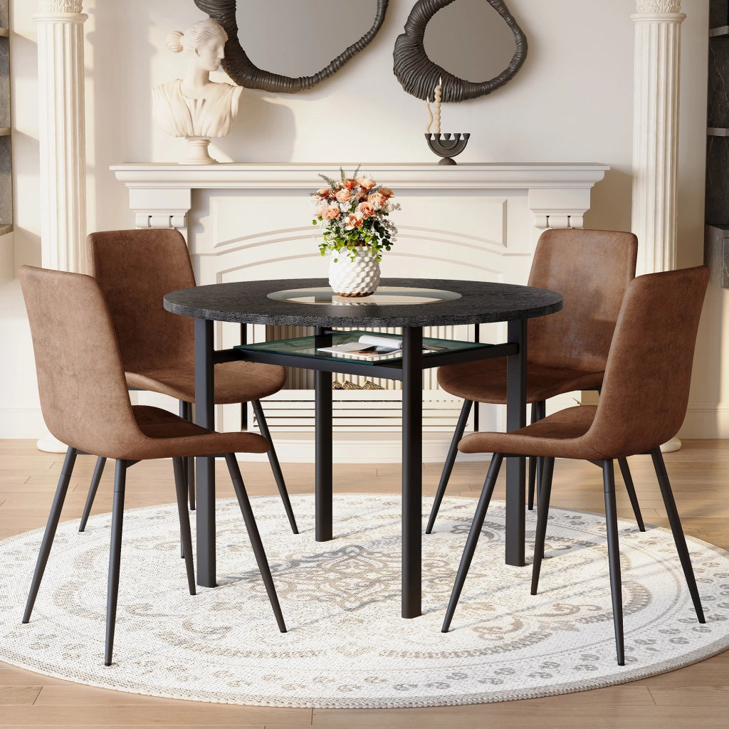 Tavolo da pranzo rotondo con 4 sedie, piano in MDF e vetro, per soggiorno e cucina, 100 cm, marrone e nero