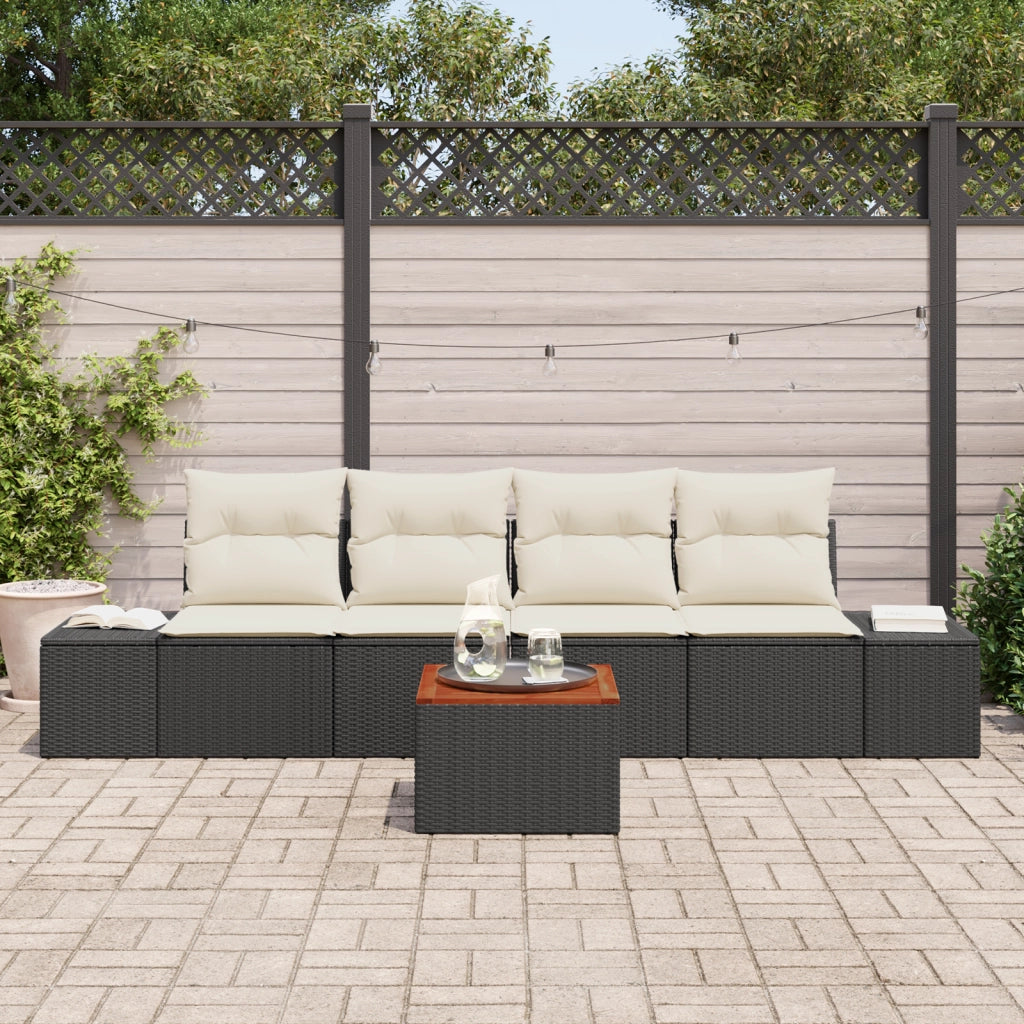 Set di Divani da Giardino a 5 Pezzi con Cuscini Nero Polyrattan Acacia