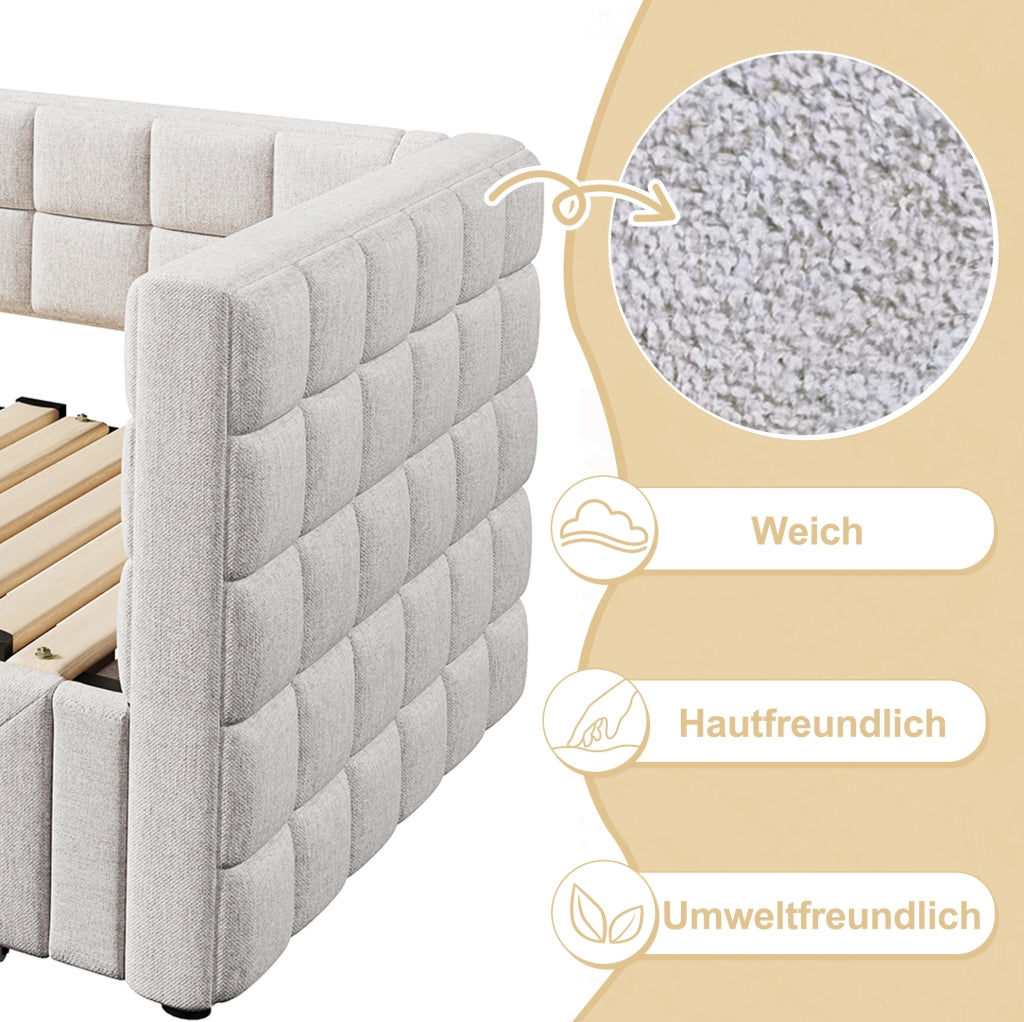 Letto da giorno estraibile 90 x 200 cm con 2 cassetti; velluto e MDF; beige