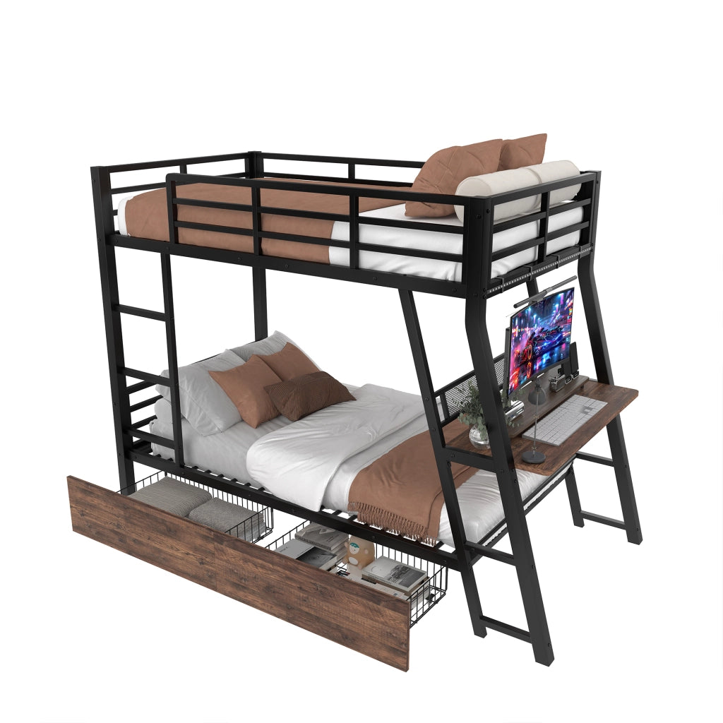 Letto a castello nero in metallo con funzione scrivania LED regolabile cassetti e parapetto 90x200cm