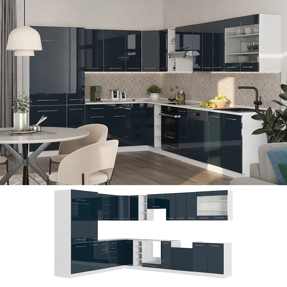 Cucina angolare completa Fame-Line Blu scuro lucido/Bianco 347 x 257 cm, PL Marmo Vicco