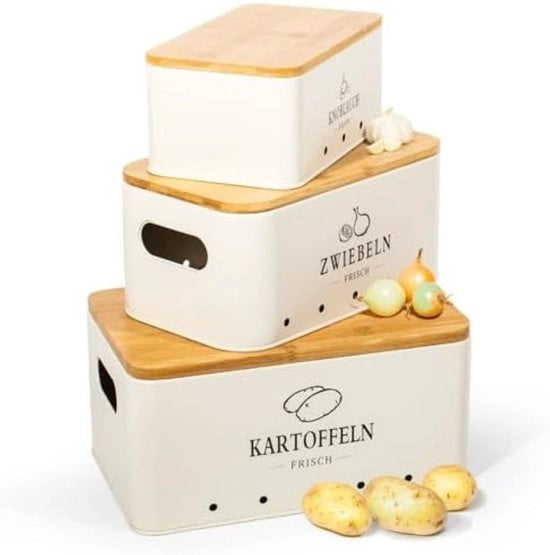 Set di conservazione per verdure a 3 livelli, contenitore per la cucina per patate, cipolle e aglio, materiale mat beige, mantiene le verdure fresche per più tempo