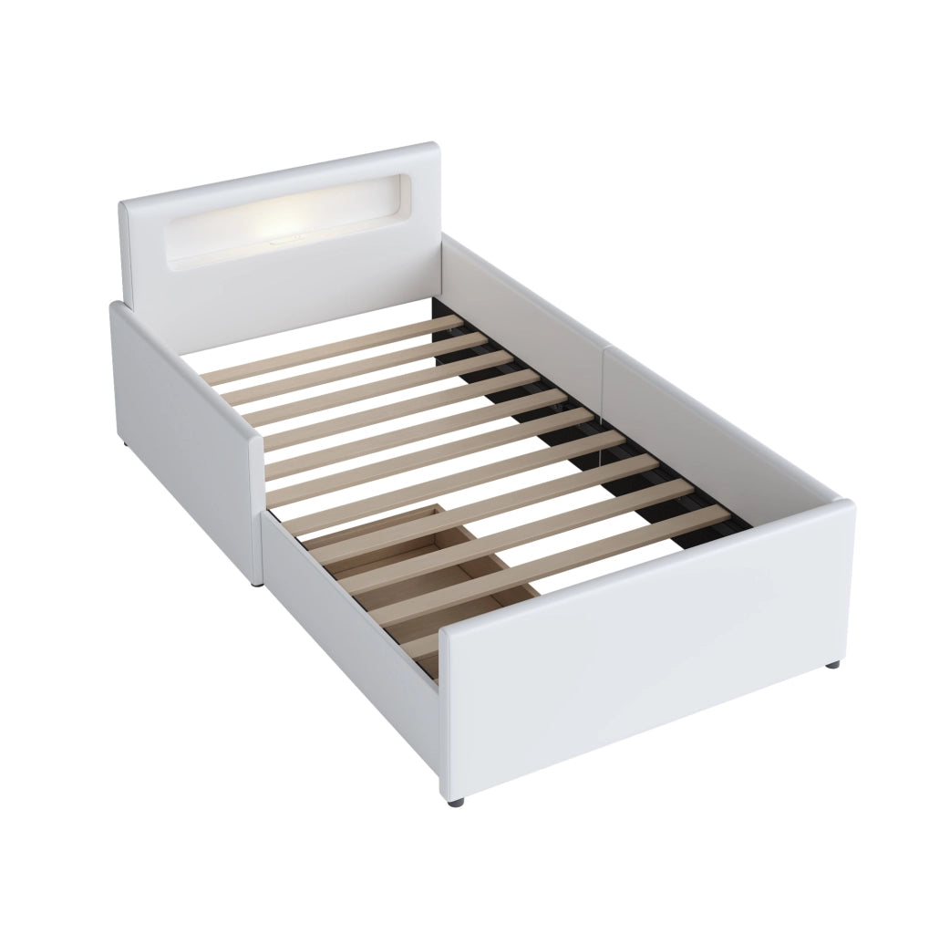 Letto imbottito per bambini 90x200 cm in similpelle bianca con LED; USB e cassetti