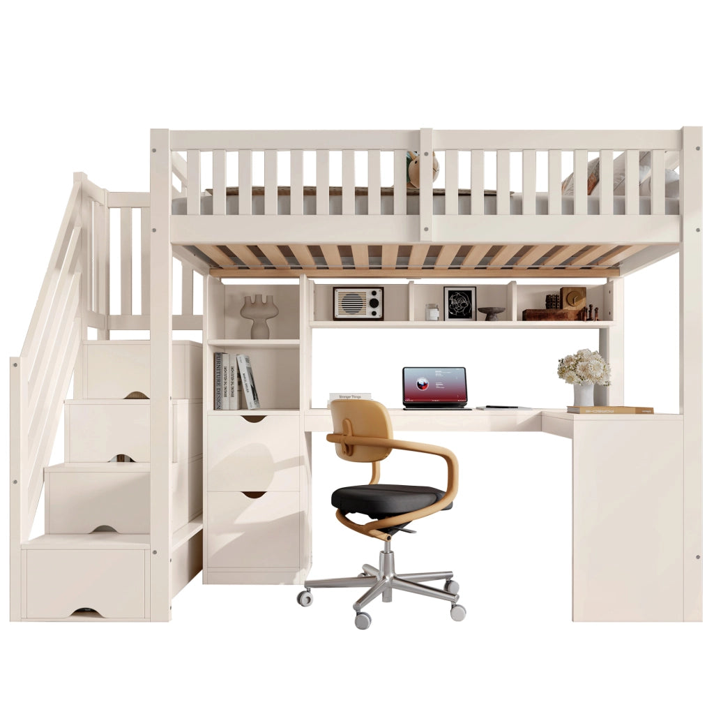 Letto a soppalco 90x200 cm bianco in legno con scrivania ad angolo e scala contenitore