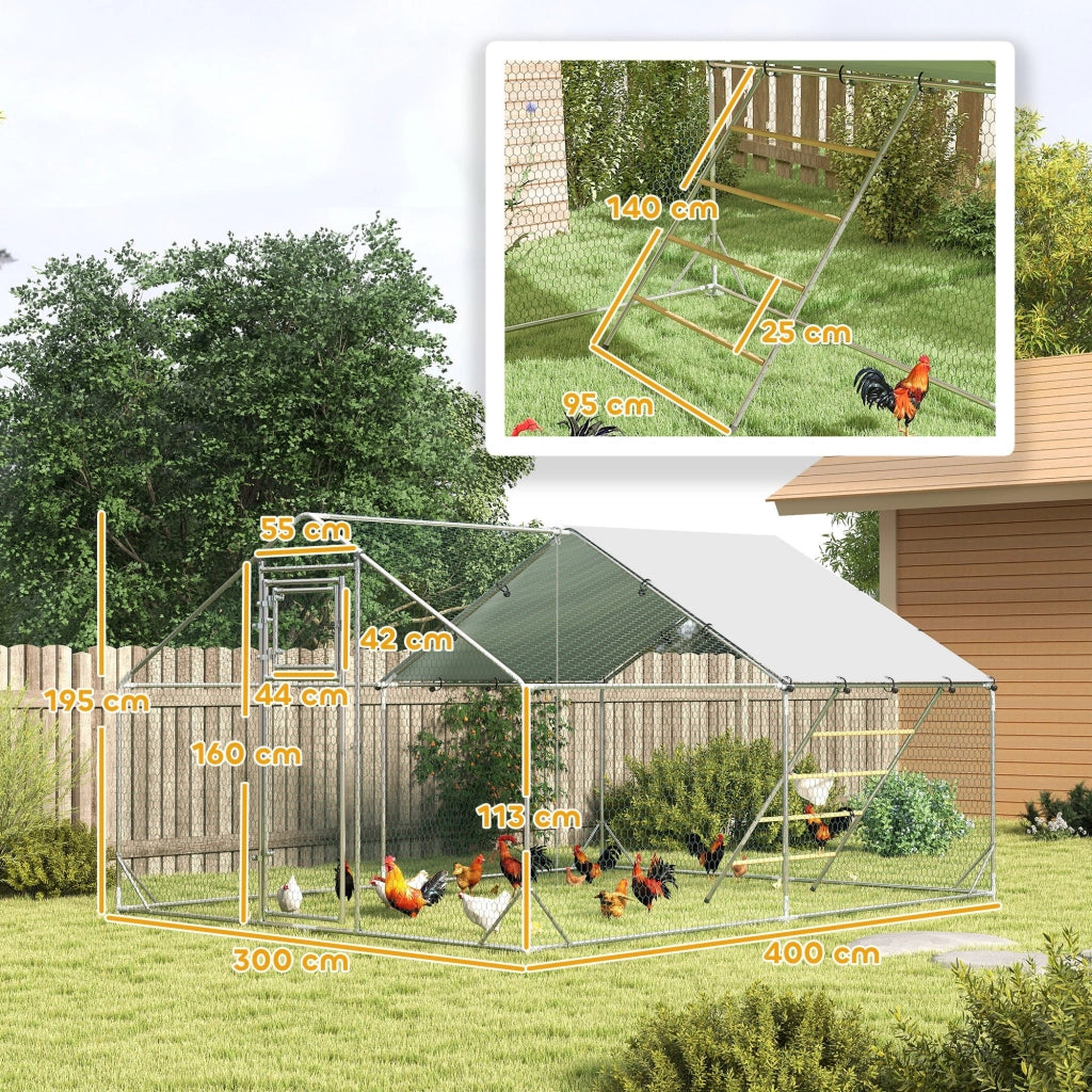 Recinto per Galline da 12 mq 300x400x195 cm per 12-18 Animali con Tetto Impermeabile Mangiatoia e Posatoio Argento
