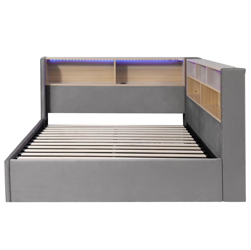 Letto imbottito grigio in velluto con contenitore, LED e USB-C