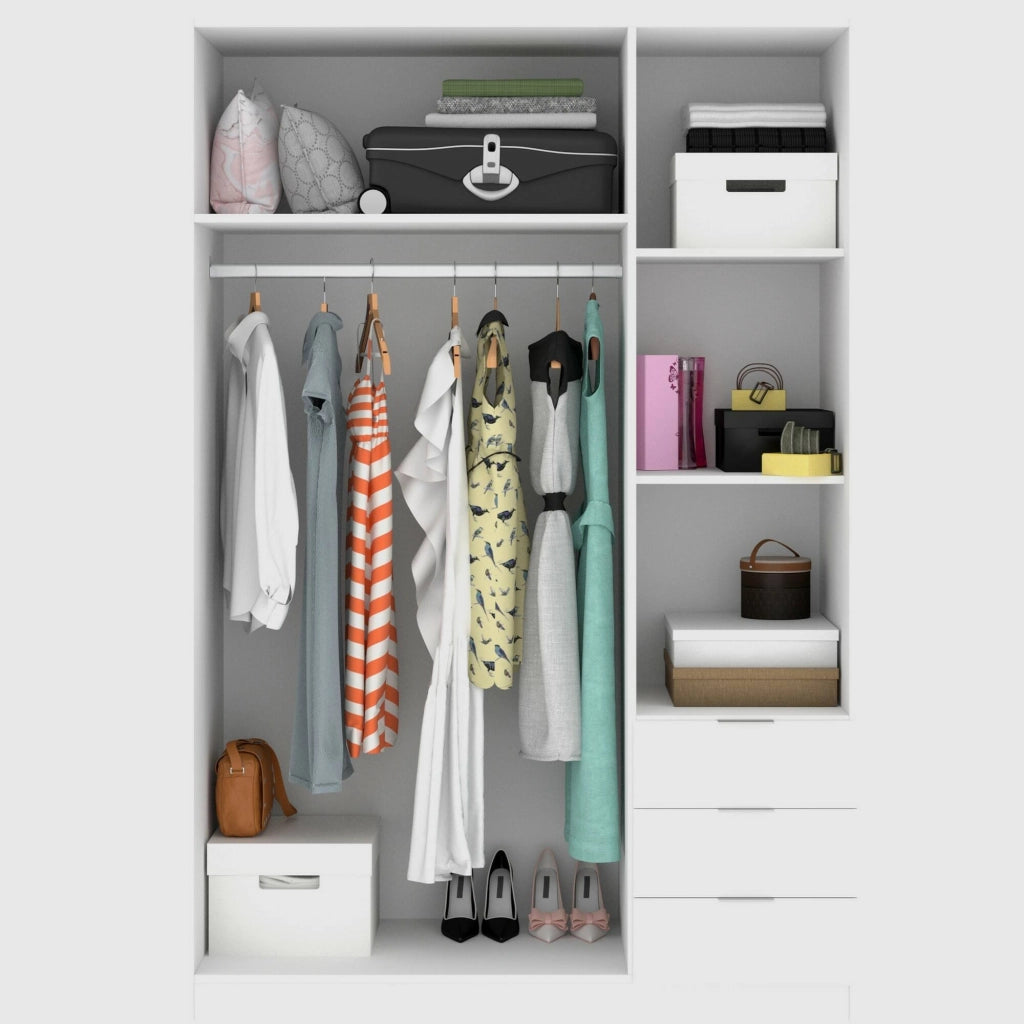 Guardaroba Dnespol, Armadio per camera da letto a 3 ante e 3 cassetti, Mobile con 3 ripiani e barra appendiabiti, cm 121x52h180, Bianco