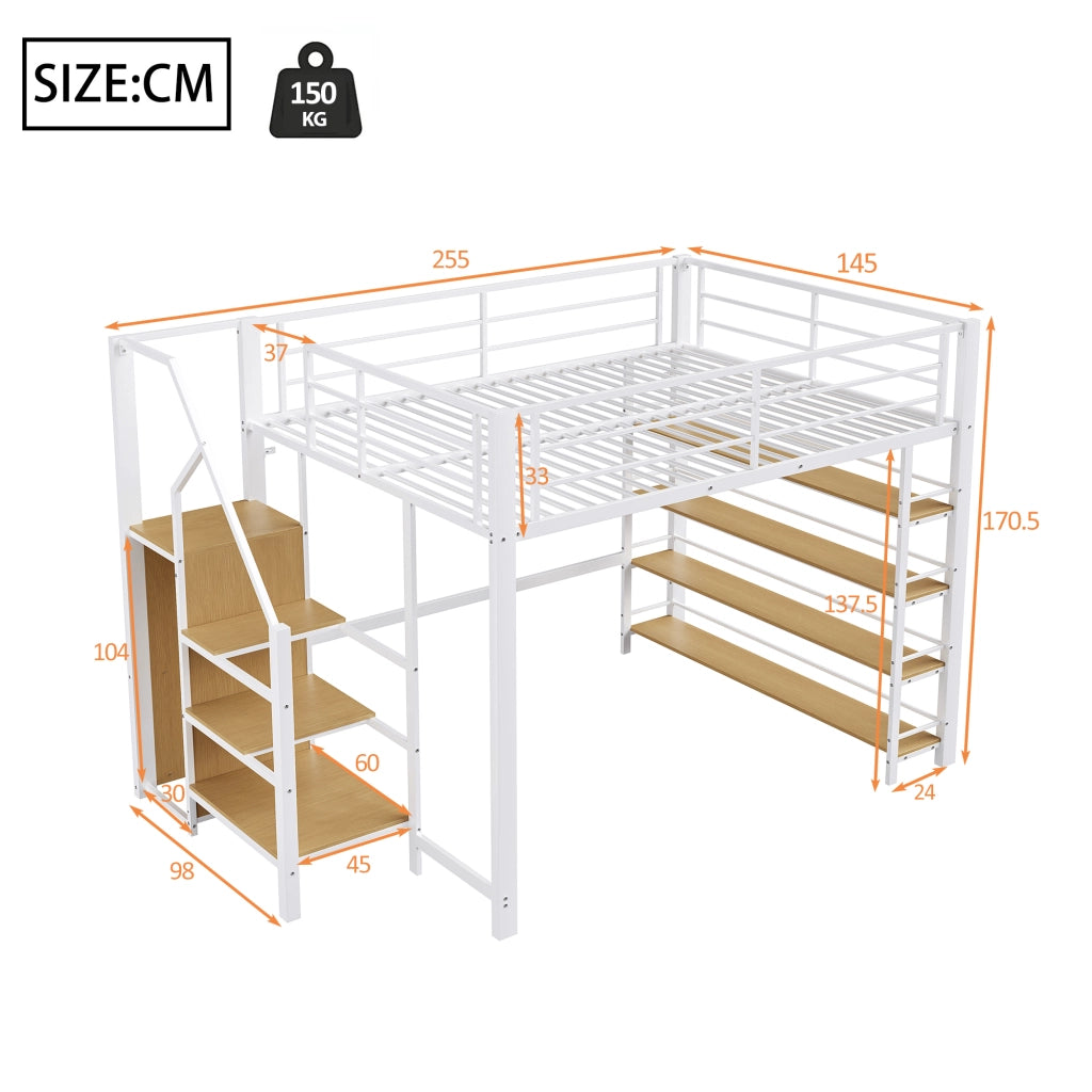 Letto a soppalco 140x200 cm in metallo bianco con scala contenitore, armadietto e ripiani, struttura salvaspazio
