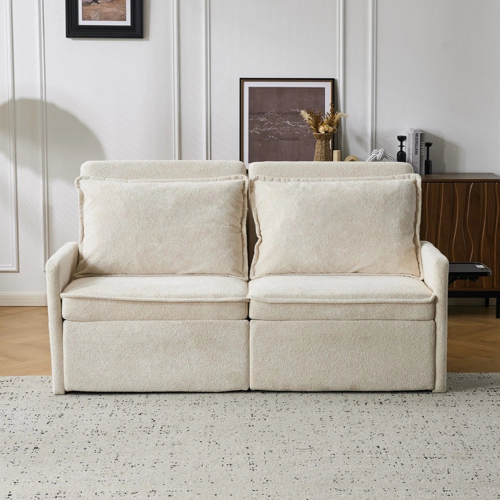 Divano Letto con Contenitore ¨C MINIMAL ¨C Chenille, Beige, Schienale Regolabile 5 Posizioni, USB