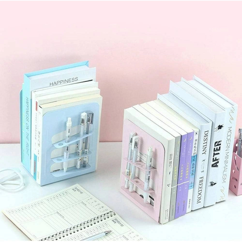 Trade Shop - Set 2 Pz Fermalibri In Metallo Con Portapenne Regolabili Libri Supporto Libreria -