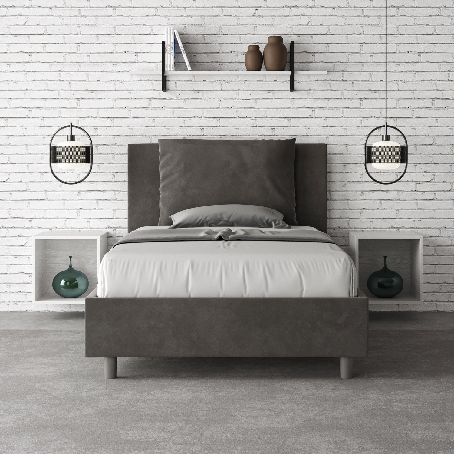 Letto 1 Piazza e Mezzo 130x210 cm con Rete e Contenitore Antea Grigio