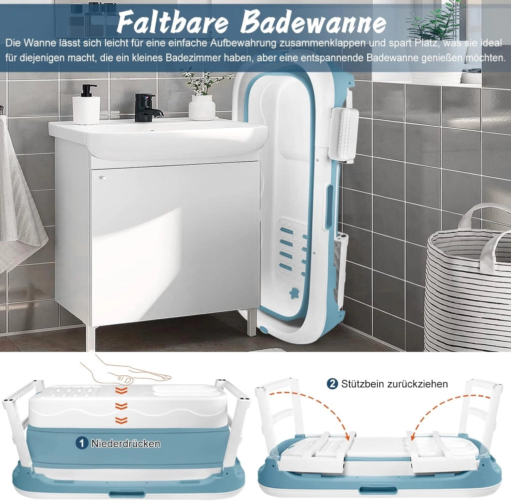 Vasca da bagno pieghevole per adulti, 128 x 60 x 53 cm, con copertura e cestino, mobile pieghevole, autoportante per bagno, doccia e balcone, blu