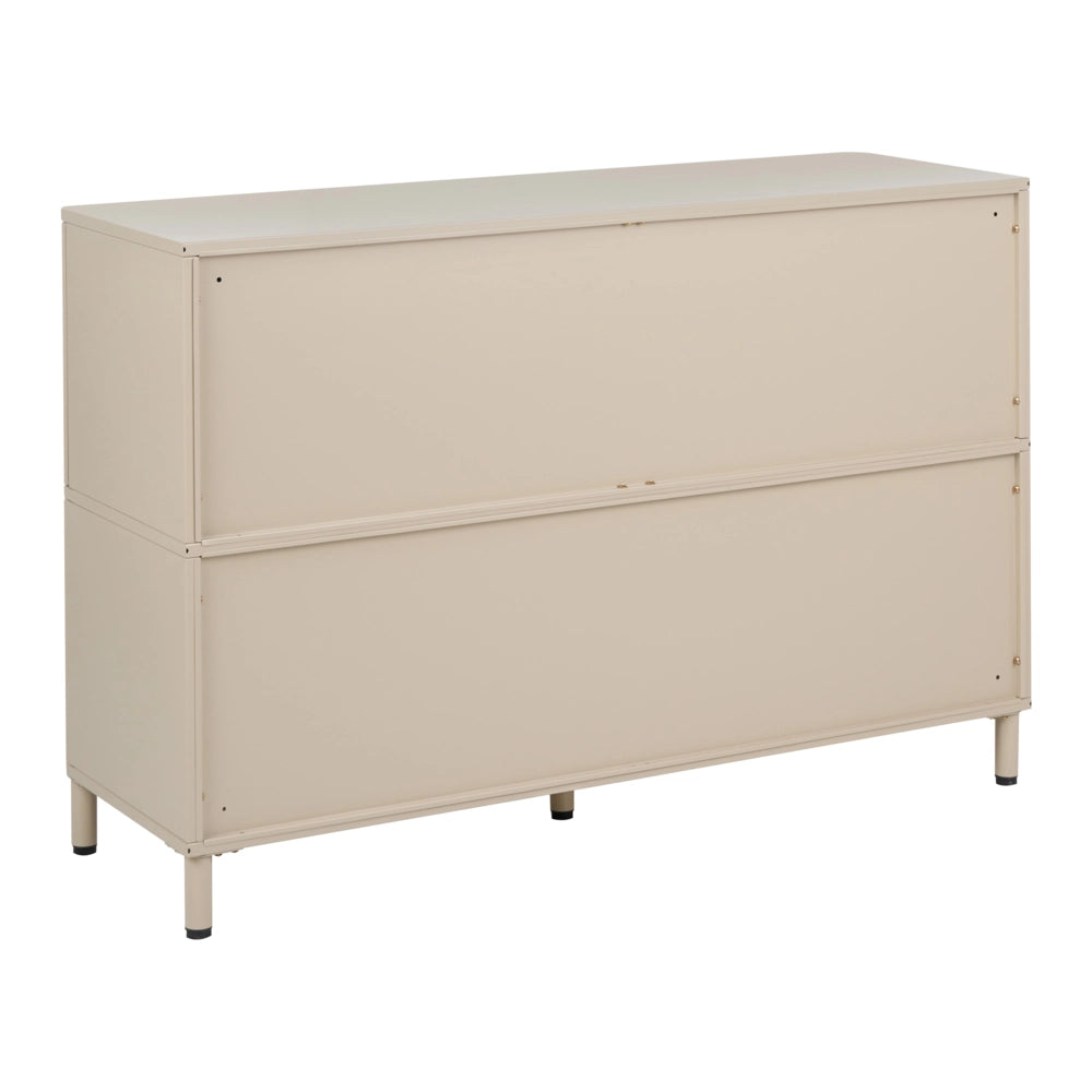 Credenza in acciaio color beige a 3 ante con ripiani aperti, angoli arrotondati e maniglie dorate