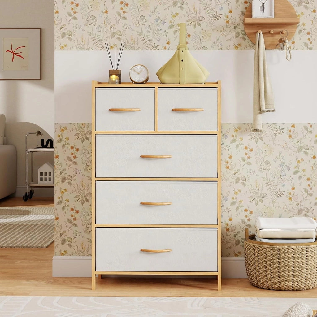 Cassettiera a 5 Cassetti, Torretta Contenitore in Bambù con 5 Cassetti Pieghevoli in Tessuto e Ripiano Superiore, Cassettiera Verticale Alta per Camera da Letto, Soggiorno, Naturale