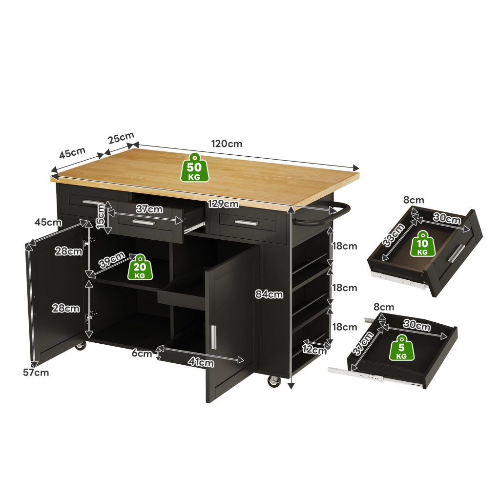 Isola da cucina mobile con piano ribaltabile, organizer estraibili, 3 cassetti, prese integrate e ruote bloccabili, 120 x 45(70) x 84 cm