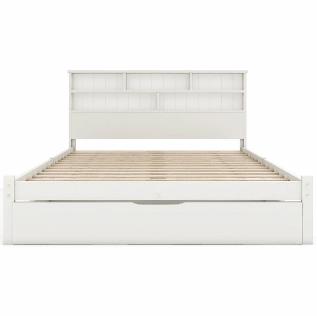 Letto singolo matrimoniale 140x200 cm con testiera a libreria; 2 cassetti; bianco