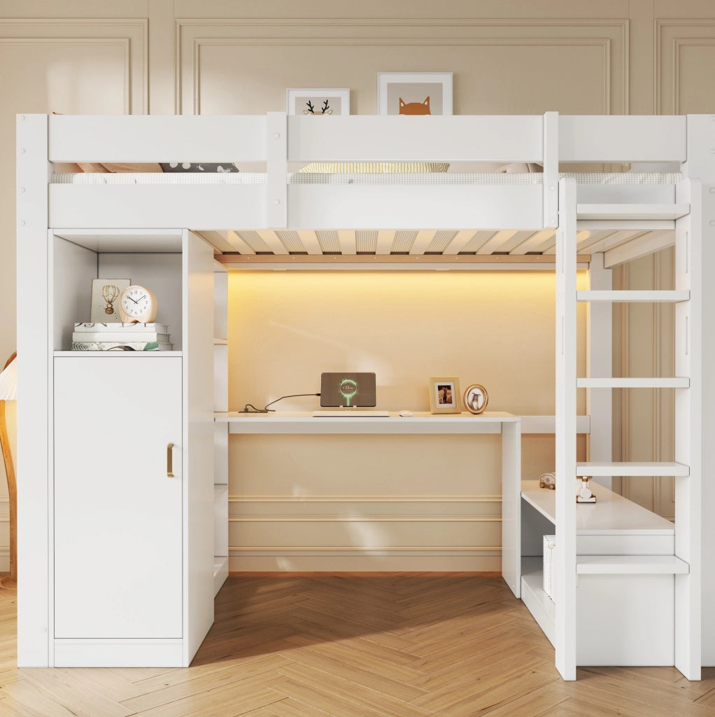 Letto a soppalco 90x200 cm con scrivania; armadio; ripiani e LED; bianco