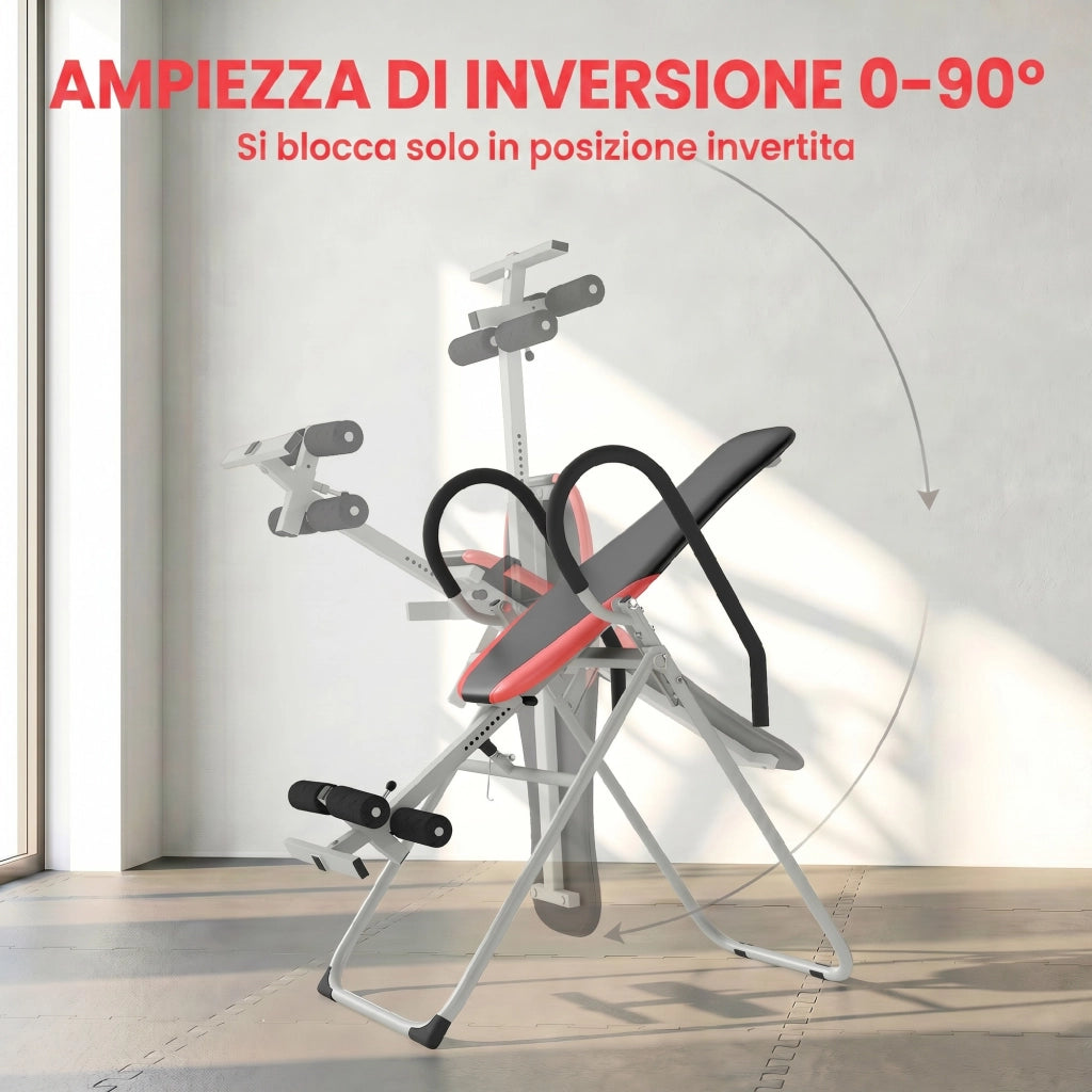 Panca ad Inversione Pieghevole e Regolabile 122x59x130 cm con Cintura di Sicurezza in Acciaio Rosso e Nero