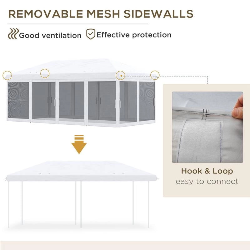 GAZEBO PIEGHEVOLE CON 6 TENDE ZANZARIERA E STRUTTURA IN ACCIAIO, 585X295X270CM, BIANCO CREMA
