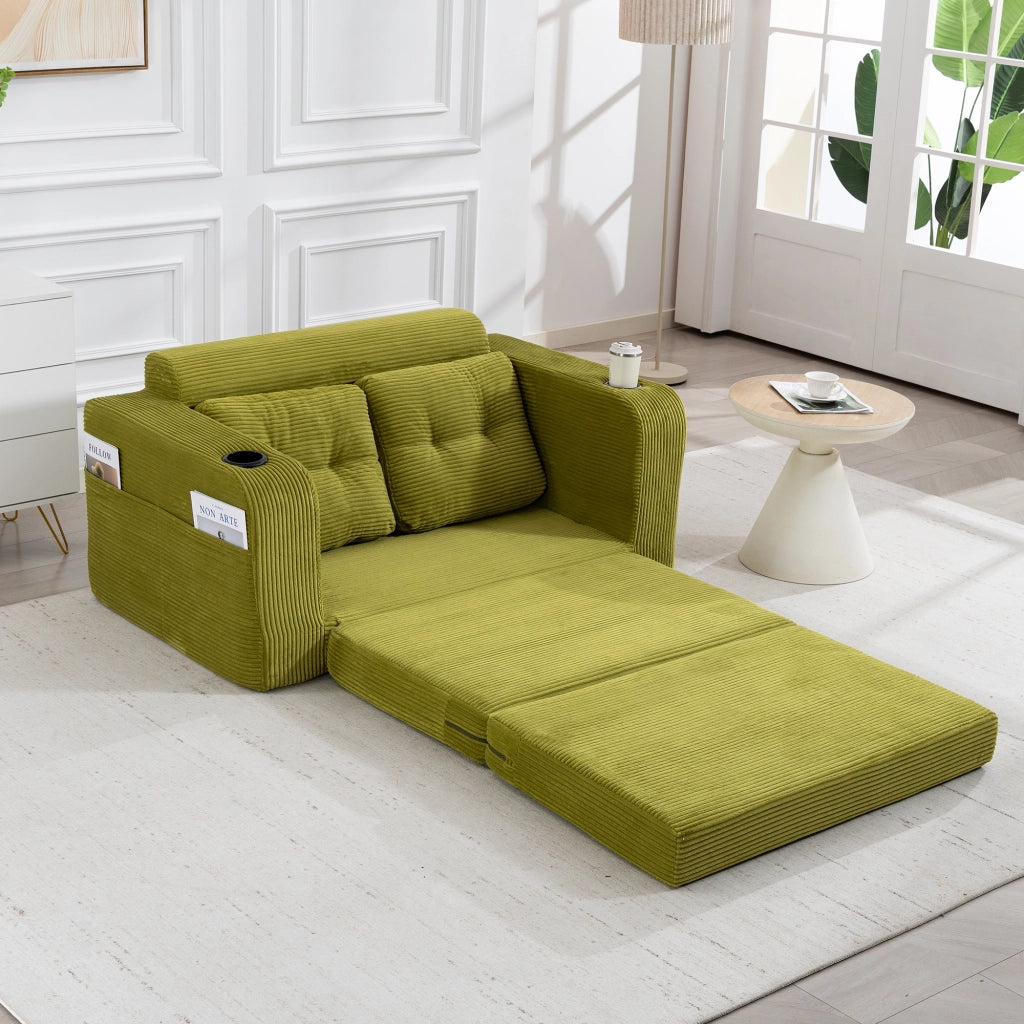 Divano modulare a 2 posti in velluto a coste con portabicchieri e tasche laterali verde oliva 136 × 80 × 82,5 cm
