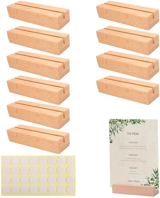 Pacco di 10 cartolai in legno, robusti supporti per menu, supporti per cartolina, supporti per cartolina di auguri, per ristoranti, matrimoni, cene e feste con 32 etichette adesive doppie da 10 pezzi.