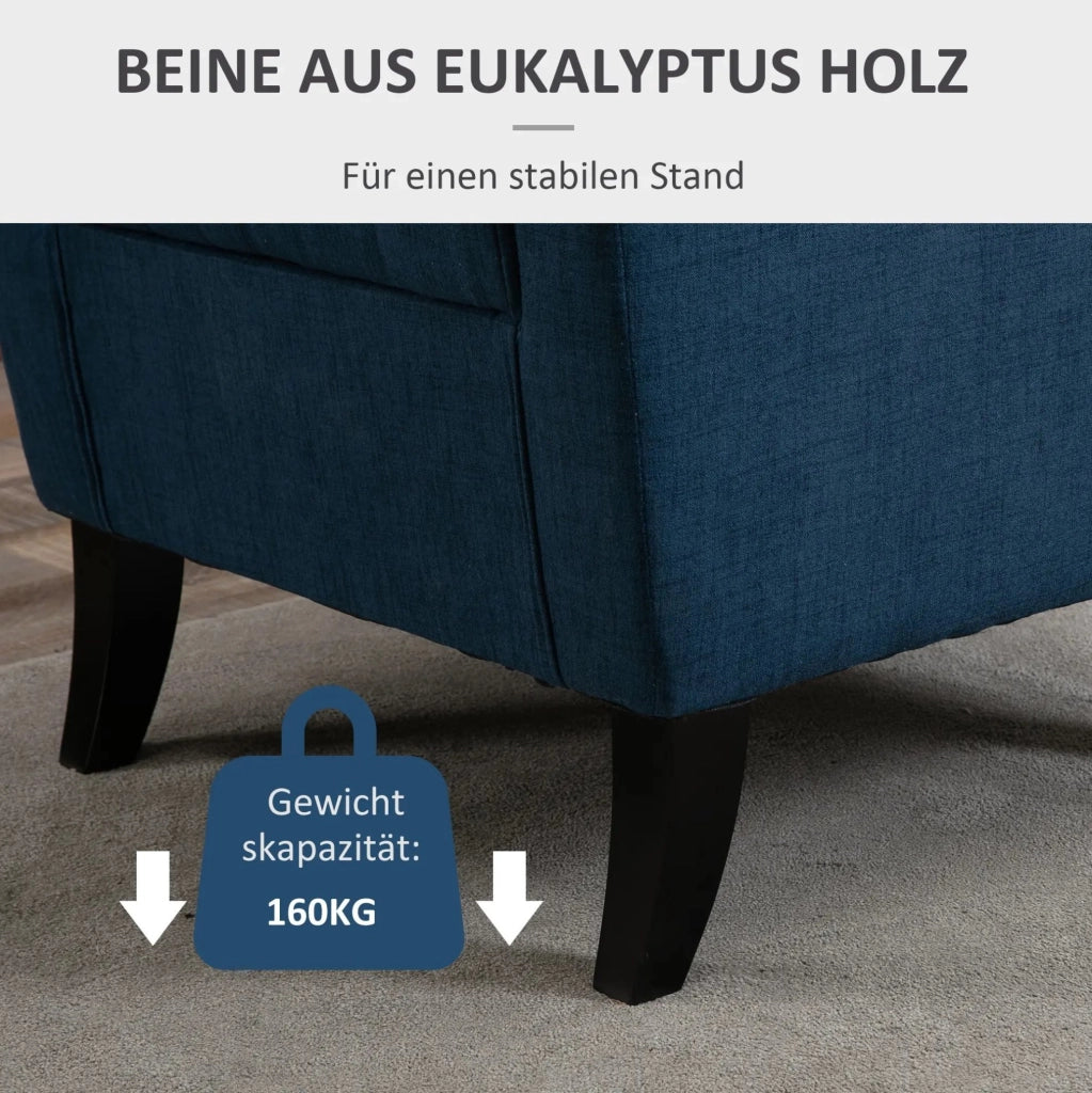 Poltrona ad orecchioni imbottita blu con schienale alto e gambe in legno