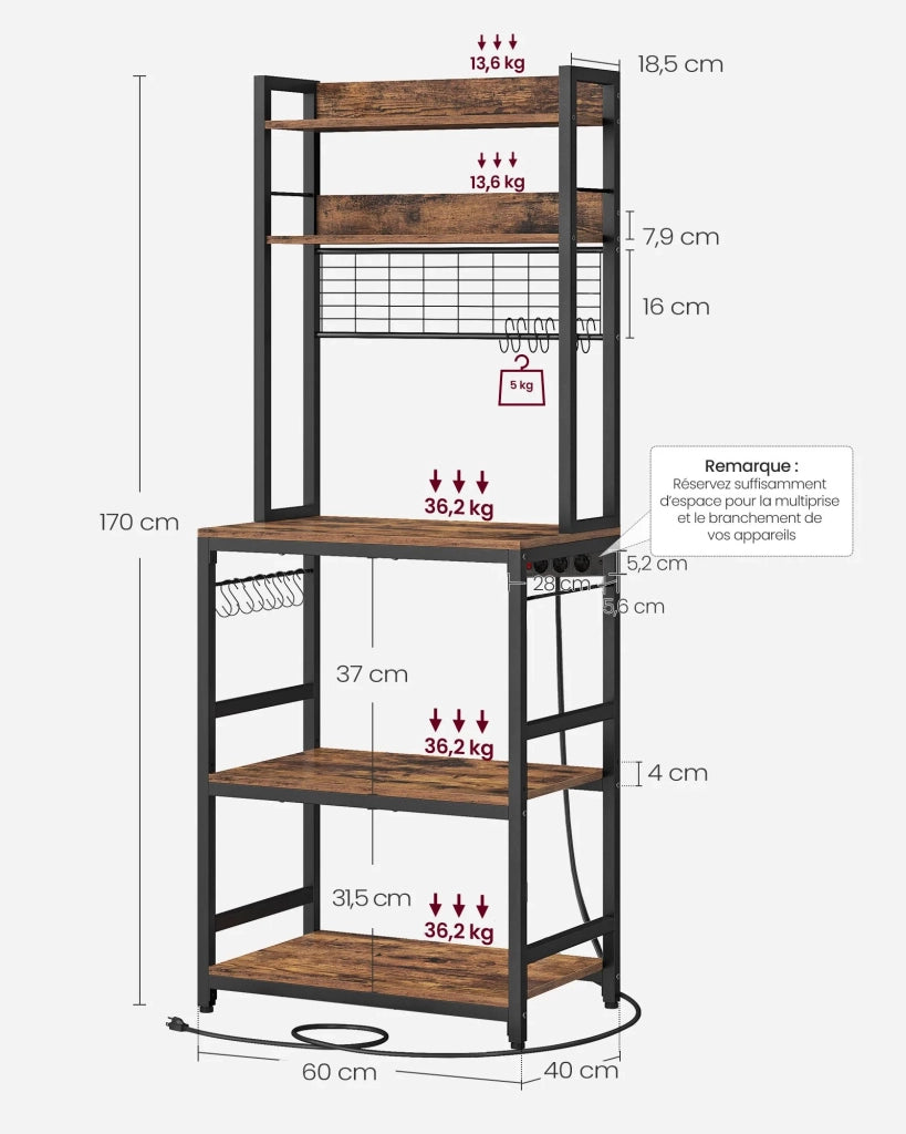 Mensola da cucina con multipresa supporto per microonde ripiano portaoggetti con pannello in rete metallica 14 ganci 40 x 80 x 170 cm marrone 12_0005670