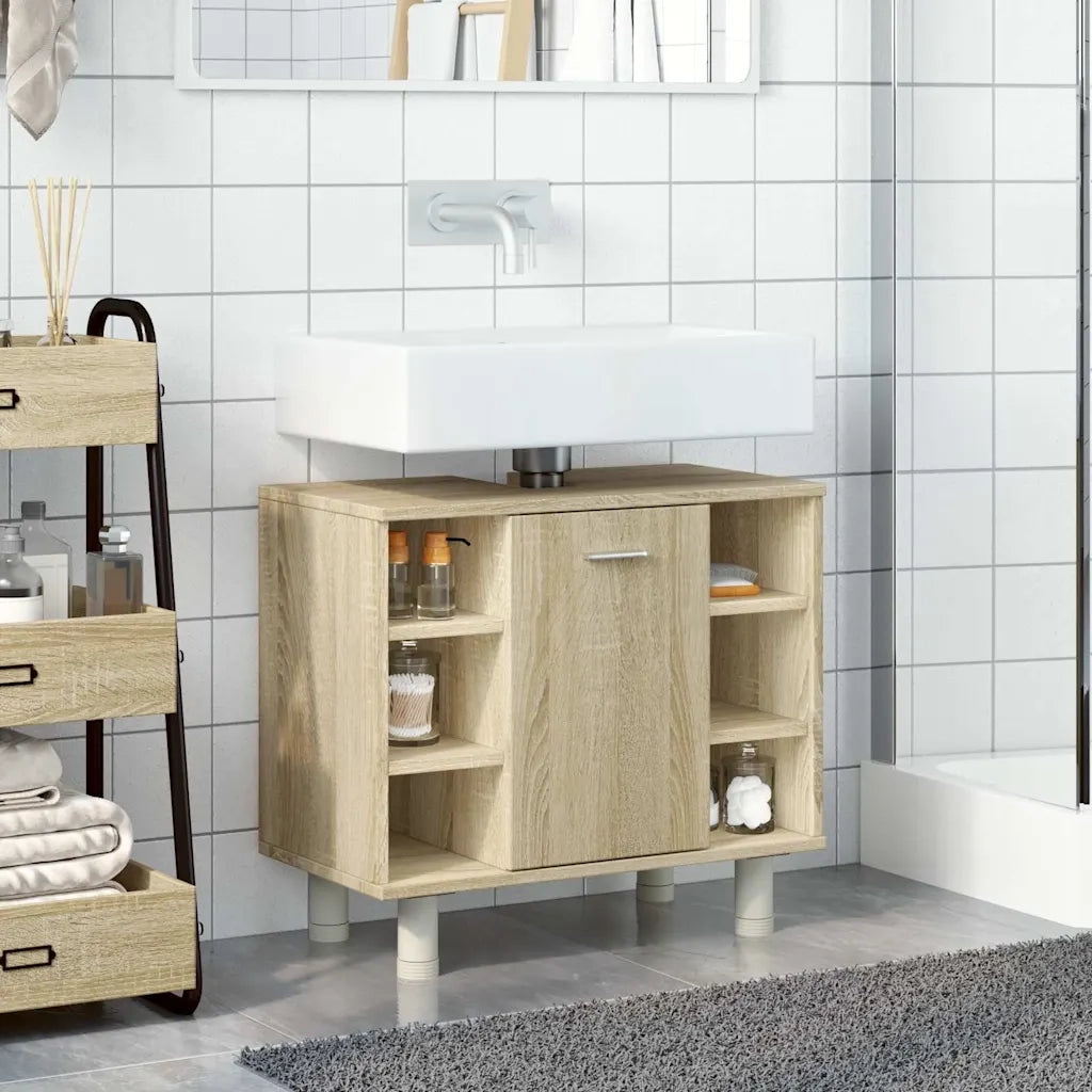 Mobiletto da bagno salvaspazio di design 60 x 32 x 53 cm realizzato in legno composito di rovere Sonoma 02_0050775