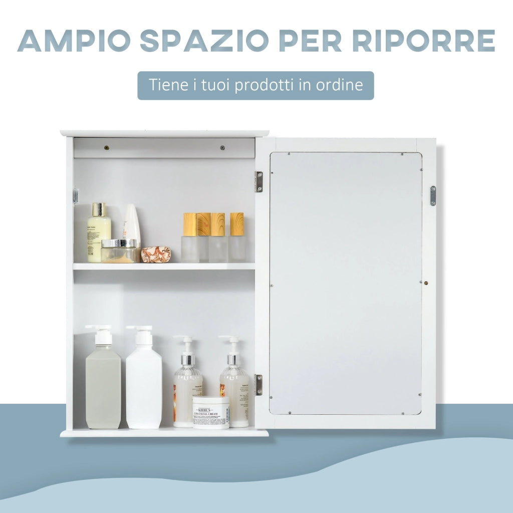 Pensile da Bagno 1 Anta Specchio 41x14x60 cm a Chiusura Magnetica Bianco