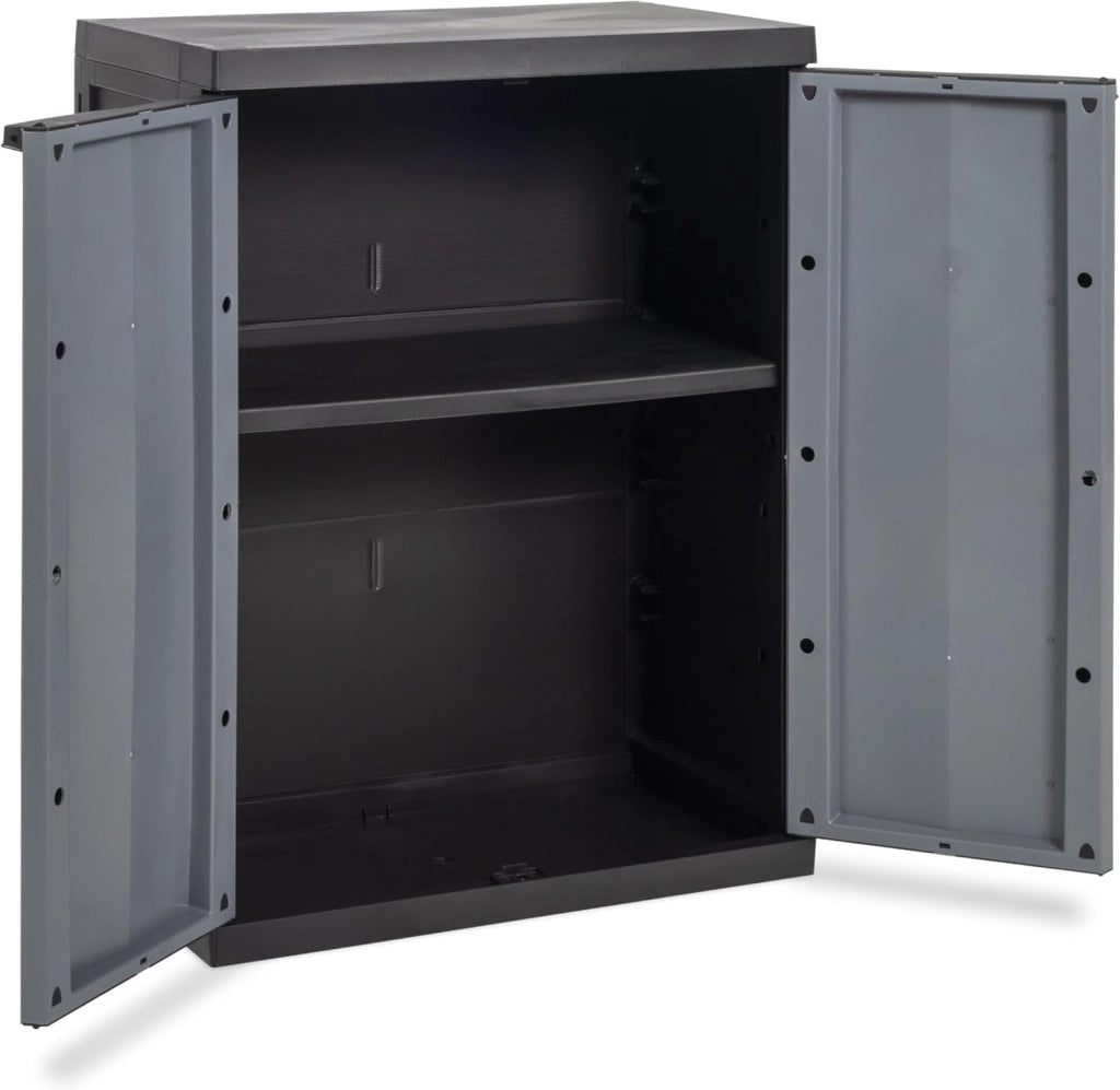 Armadio basso 2 ante con ripiano regolabile in resina colore nero e grigio 65x37x85 cm Toomax