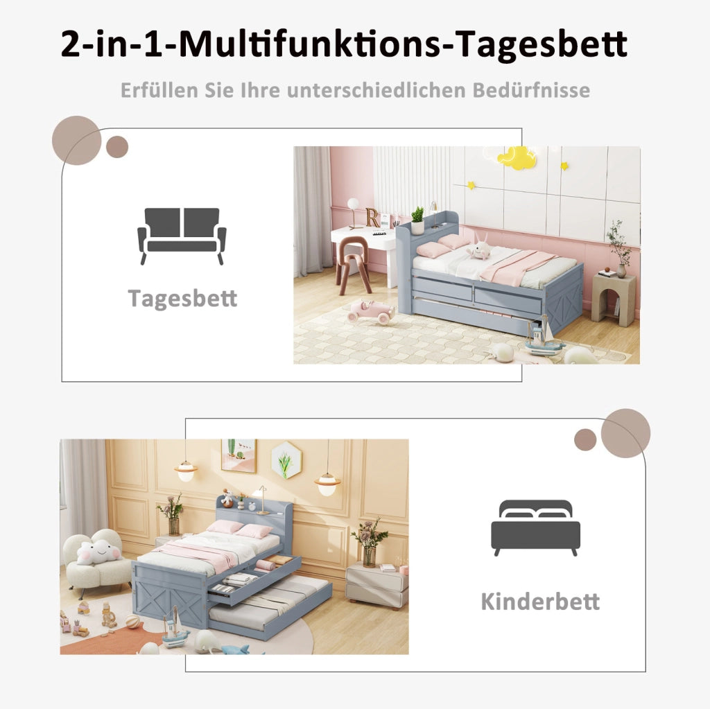 Letto singolo in legno massello 90x190 cm con cassetti e USB