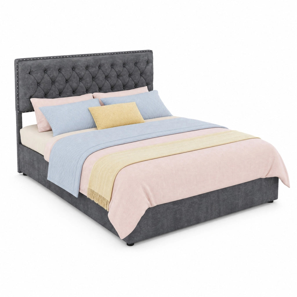 Letto 140x200 cm in velluto olandese grigio con testiera alta e doghe in legno