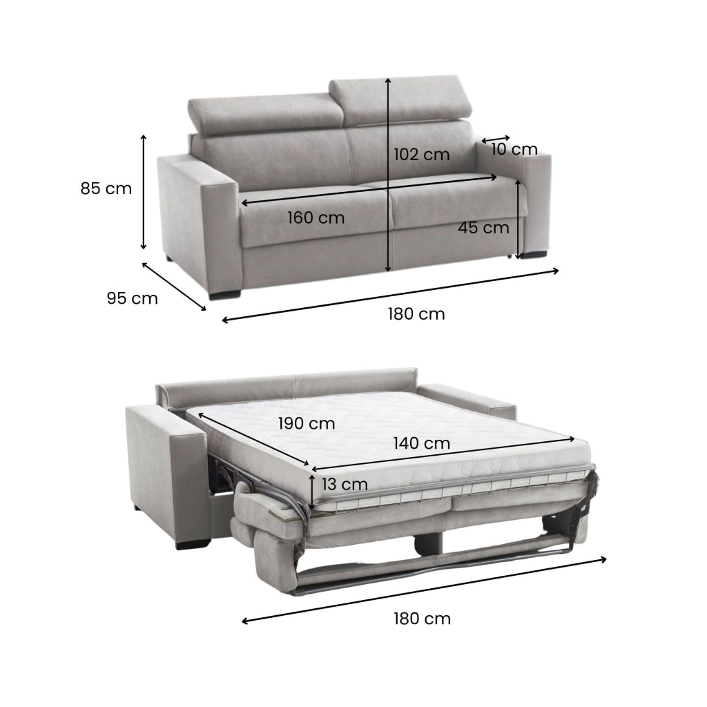 Divano Letto Aieie, Divano a 2 posti Large, Made in Italy, SofÒ  Soggiorno con apertura girevole, con poggiatesta regolabili e Braccioli slim, cm 180x95h85, Grigio