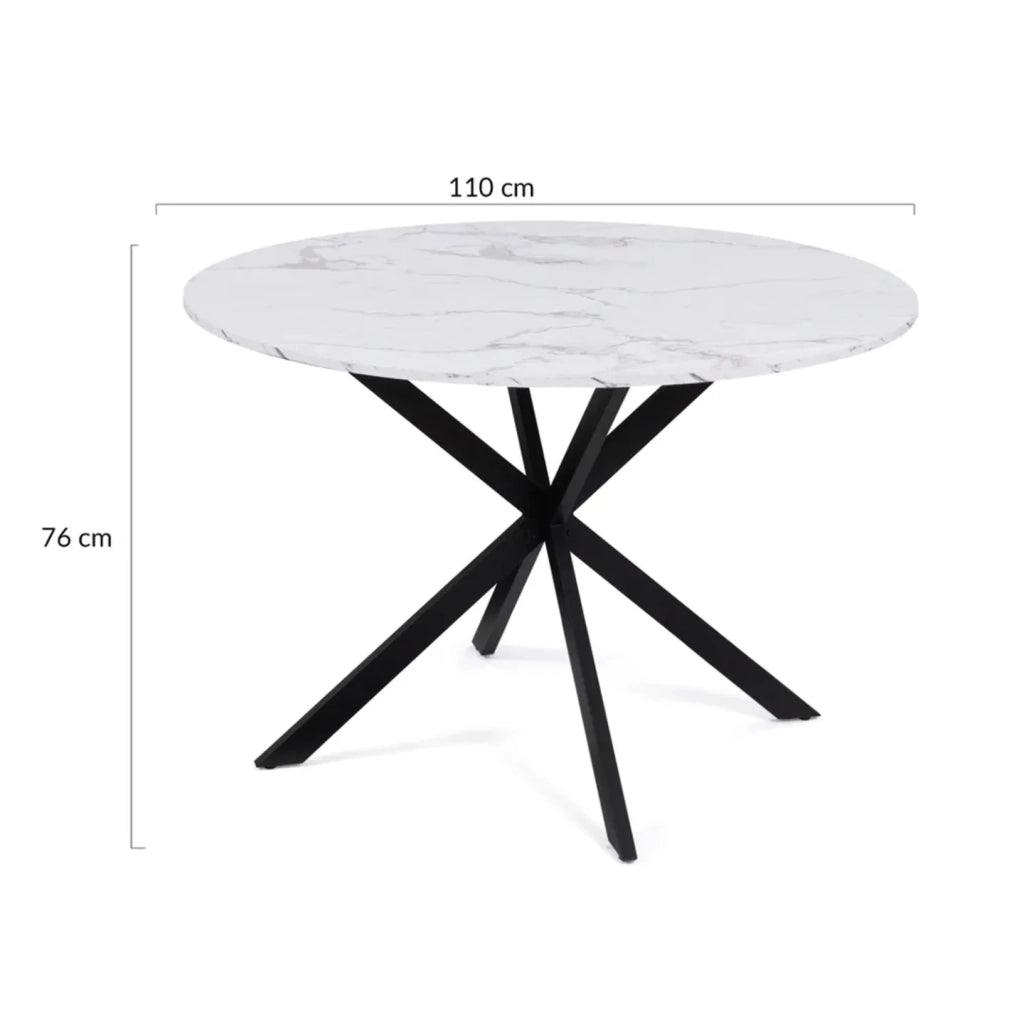 IDMarket - Tavolo da pranzo rotondo per 4-6 persone ALASKA con effetto marmo bianco e gamba a ragno in metallo 110 cm