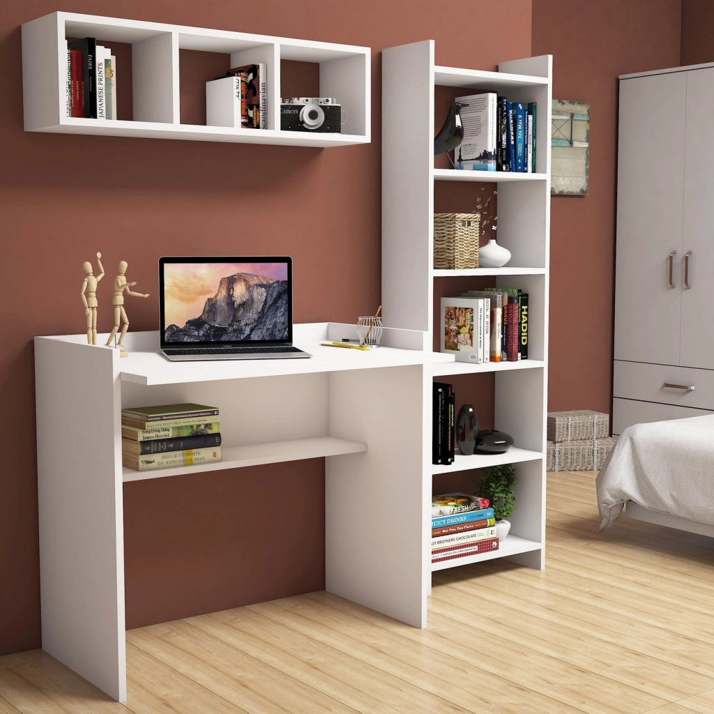Scrivania in legno "Matilda" con libreria e mensola a muro - 90 x 58 x 80 cm - Bianco