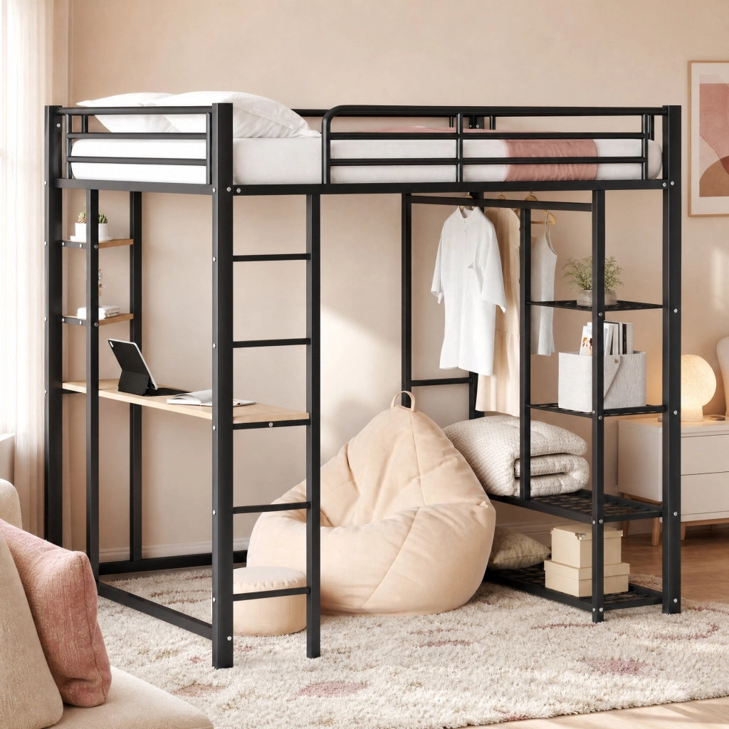 Letto a soppalco in metallo 140x200 cm con scrivania; armadio e ripiani; nero